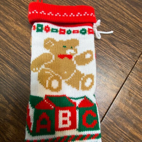 Vtg Knit Christmas Stocking Teddy Bear & ABC Blocks Design 17"x5" Holiday - Picture 2 of 6